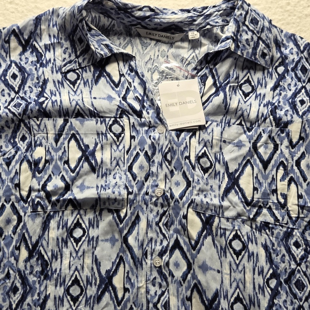Emily Daniels Blouse Womens Plus 2X Blue Collared Short Sleeve Tie Front Top